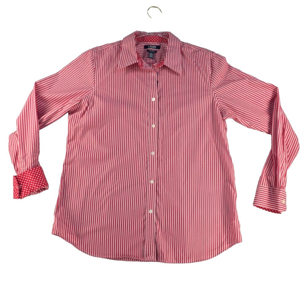 Chaps Classics No Iron Button Up Long Sleeve Shirt Red Striped Size L Cotton